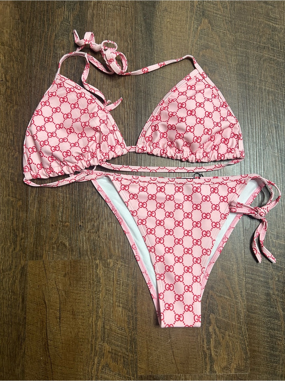 Pink and Red GG Logo Triangle Bikini Set